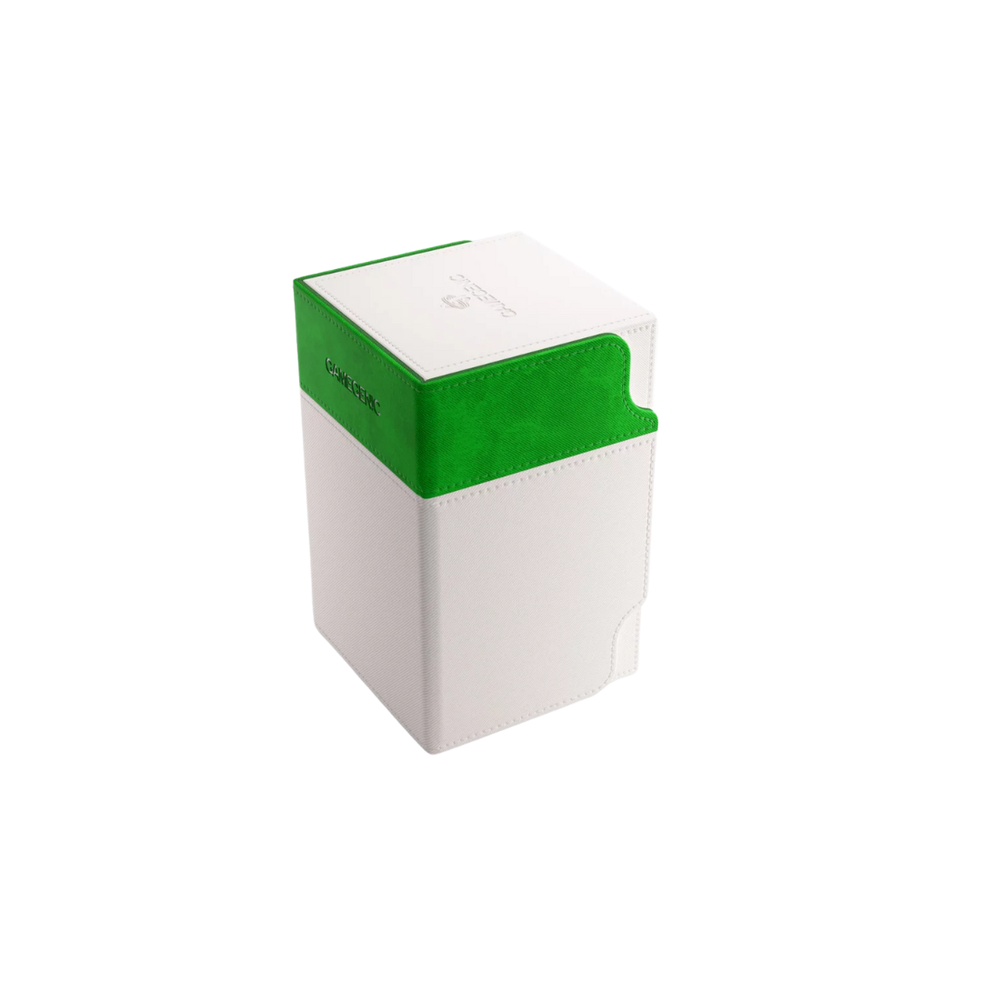 Gamegenic Watchtower Convertible XL deck box in white, holding 100+ double-sleeved cards with a magnetic closure and accessory compartment.