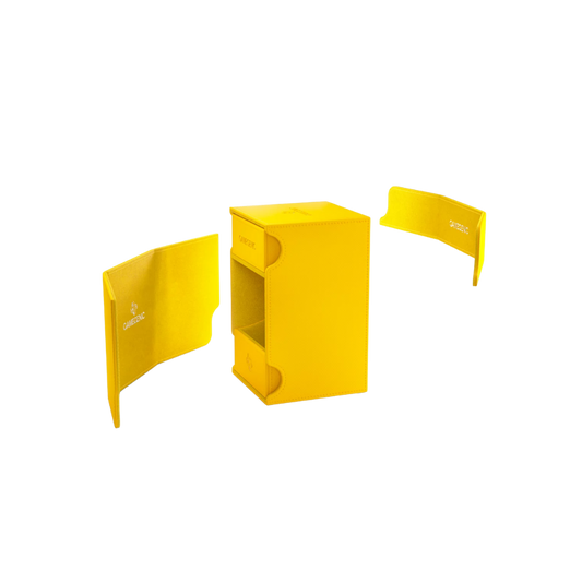 Gamegenic Watchtower Convertible XL deck box in yellow, premium TCG storage for 100+ double-sleeved cards, secure magnetic closure, and token compartment.