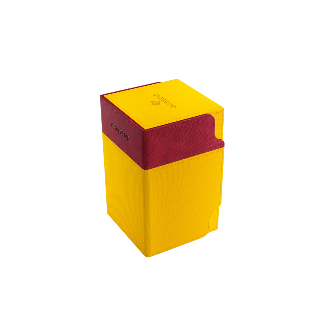 Gamegenic Watchtower Convertible XL deck box in yellow, premium TCG storage for 100+ double-sleeved cards, secure magnetic closure, and token compartment.