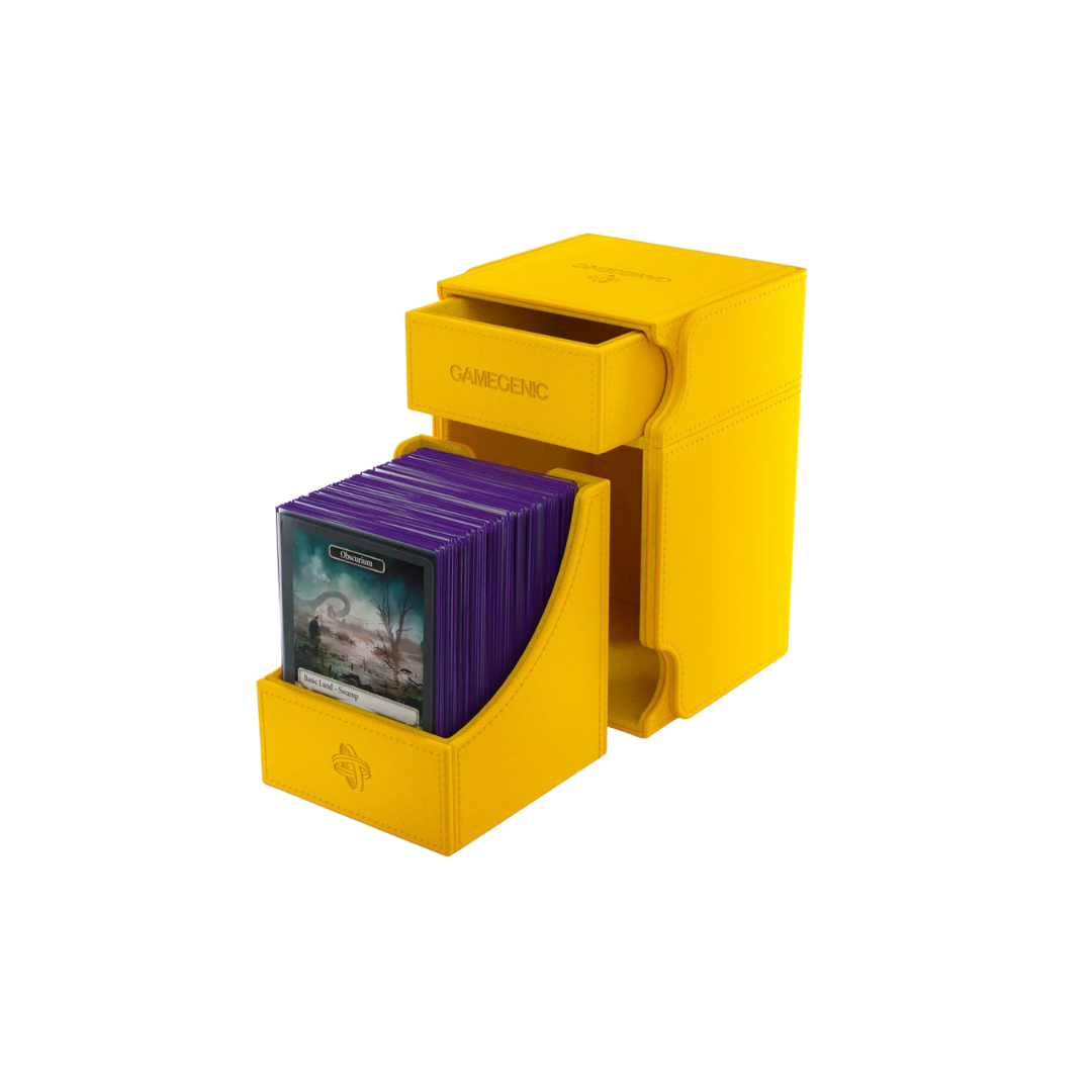 Gamegenic Watchtower Convertible XL deck box in yellow, premium TCG storage for 100+ double-sleeved cards, secure magnetic closure, and token compartment.
