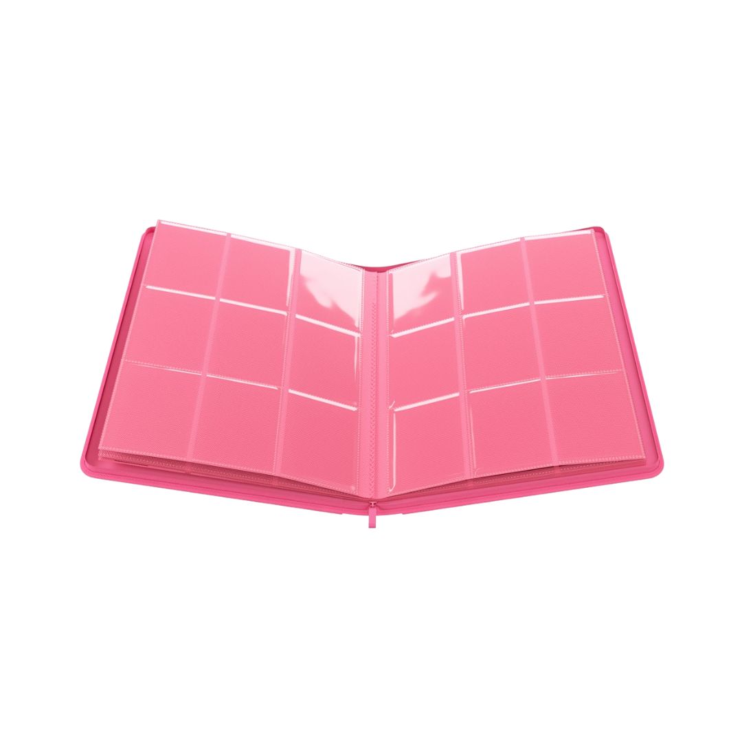 Open Gamegenic 18-pocket pink zip-up album showing card storage pages with three rows of side-loading pockets 