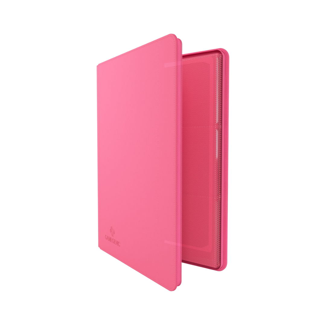 Pink Gamegenic 18-pocket zip-up trading card album with side-loading pages and secure zipper closure

