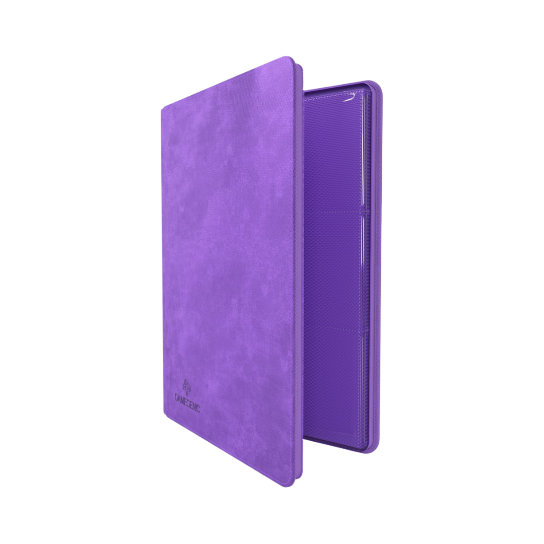 Open Gamegenic 18-pocket purple zip-up album showing card storage pages with three rows of side-loading pockets
 