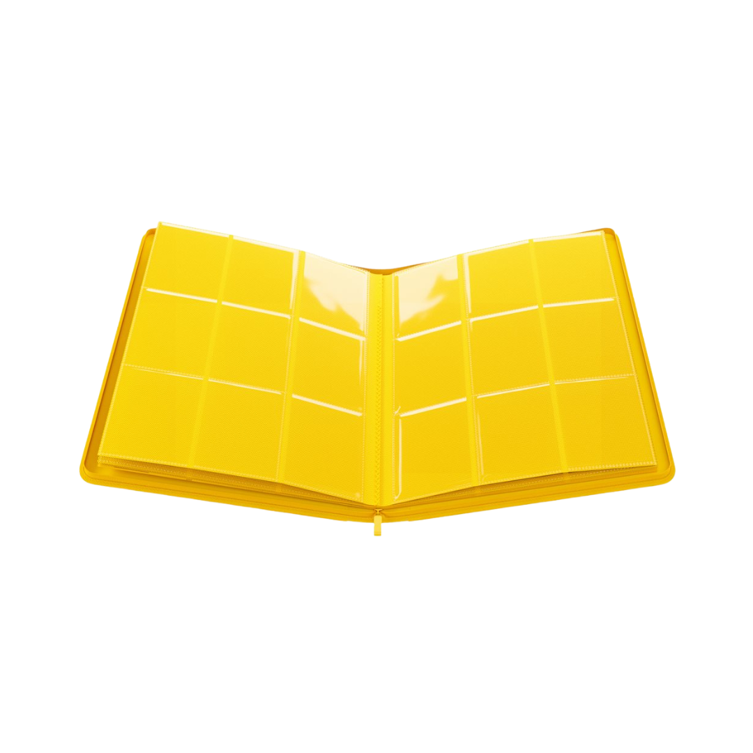 Open Gamegenic 18-pocket yellow zip-up album showing card storage pages with three rows of side-loading pockets 