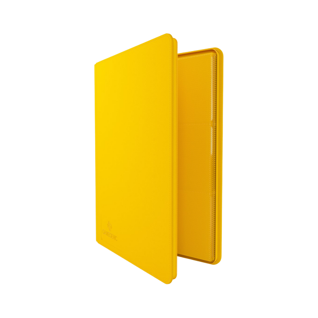 Yellow Gamegenic 18-pocket zip-up trading card album with side-loading pages and secure zipper closure

