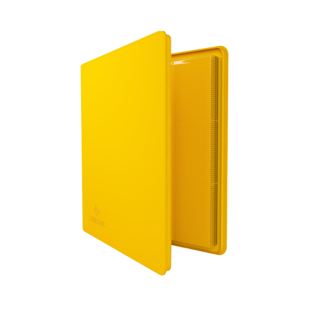 Yellow Gamegenic 24-pocket zip-up trading card album with side-loading pages and secure zipper closure