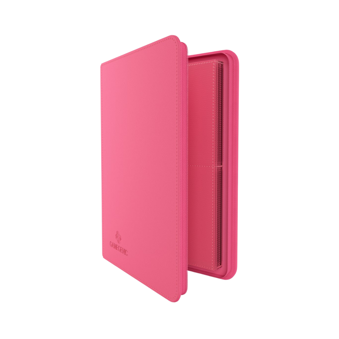 Pink Gamegenic 8-pocket zip-up trading card album with side-loading pages and secure zipper closure

