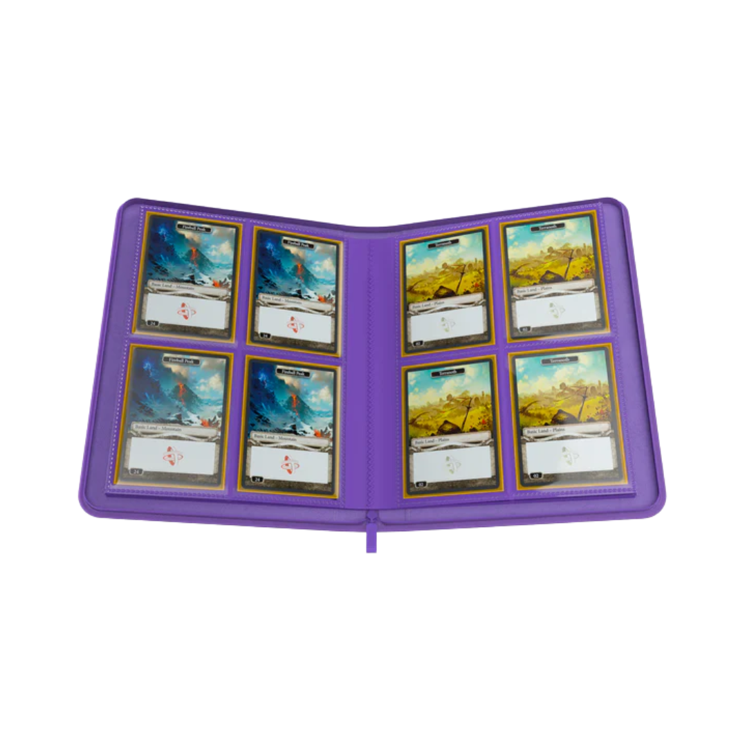 Purple Gamegenic 8-pocket zip-up trading card album with side-loading pages and secure zipper closure

