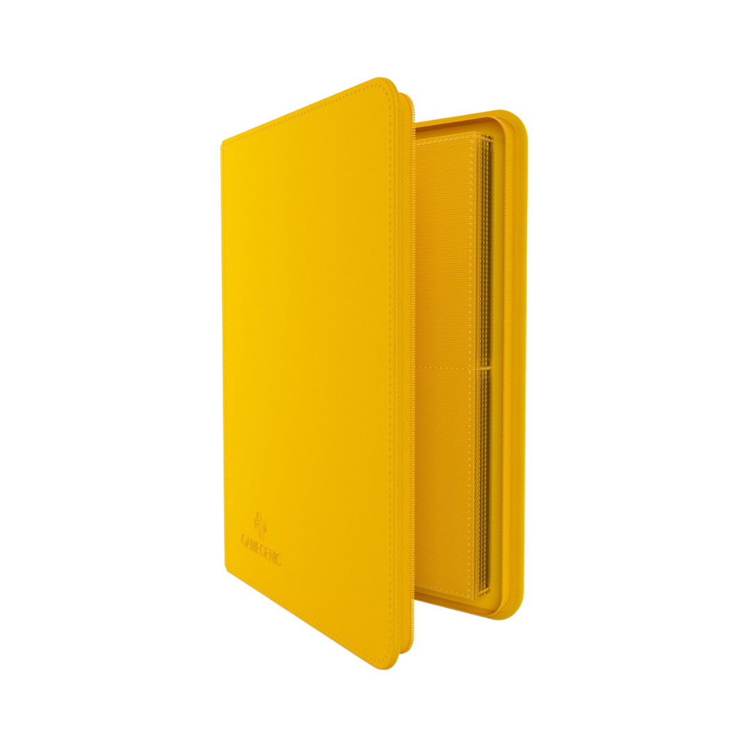 Yellow Gamegenic 8-pocket zip-up trading card album with side-loading pages and secure zipper closure

