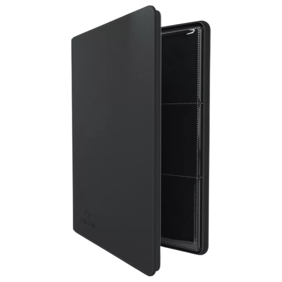 Open black Gamegenic zip-up D-ring binder showing inserted trading card pages with multiple card pockets

