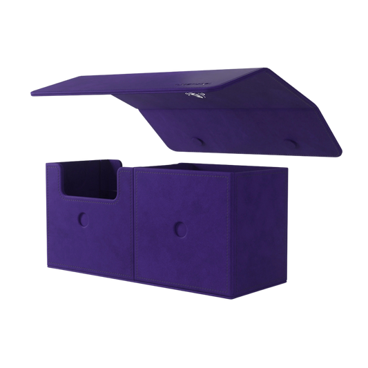 Gamegenic Academic 133+ Stealth Edition purple deck box open with card tray and accessory drawer