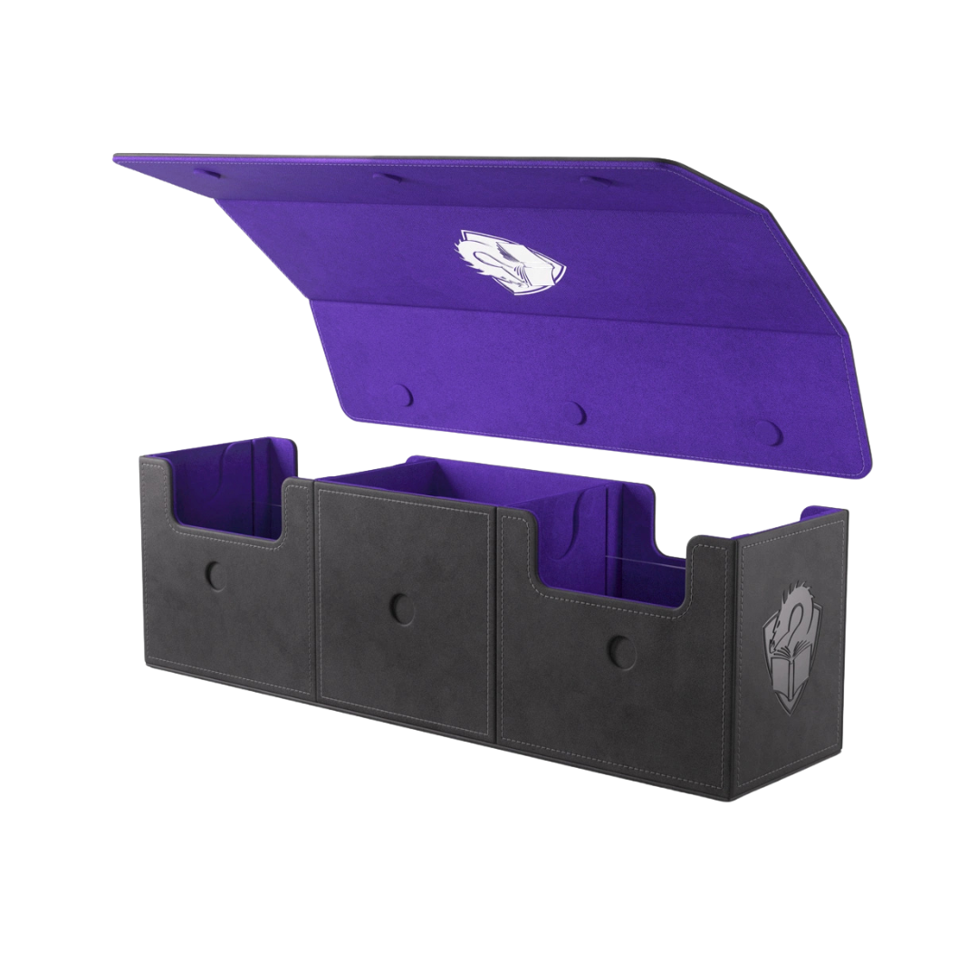 Gamegenic Academic 266+ XL deck box black purple open with triple tray storage
