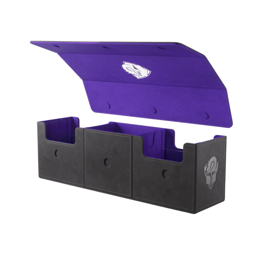 Gamegenic Academic 266+ XL deck box black purple open with triple tray storage