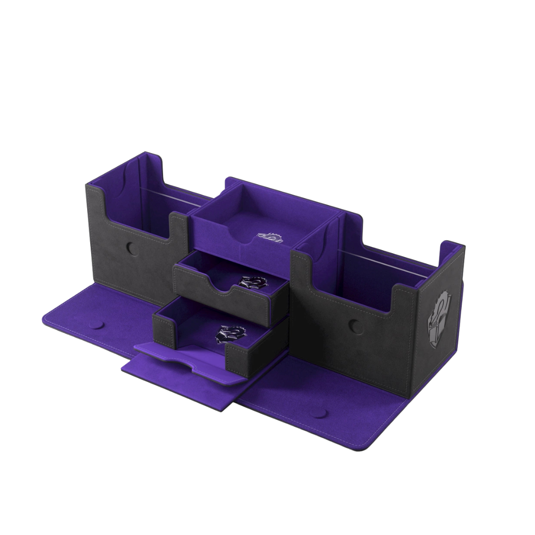 Gamegenic Academic 266+ XL black purple deck box with drawers and card trays open view