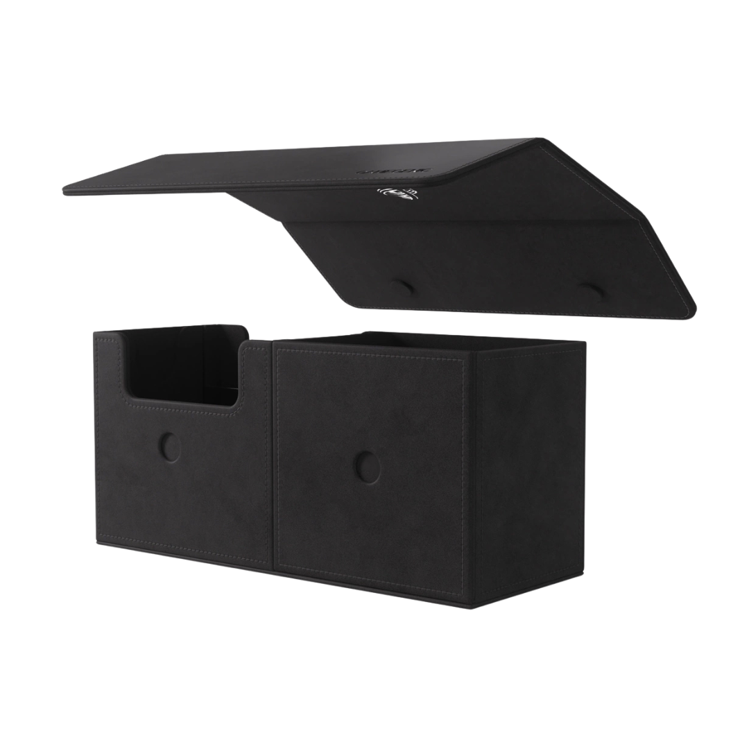 Gamegenic Academic 133+ Stealth Edition deck box in black with lid open and dual storage compartments for trading cards and accessories