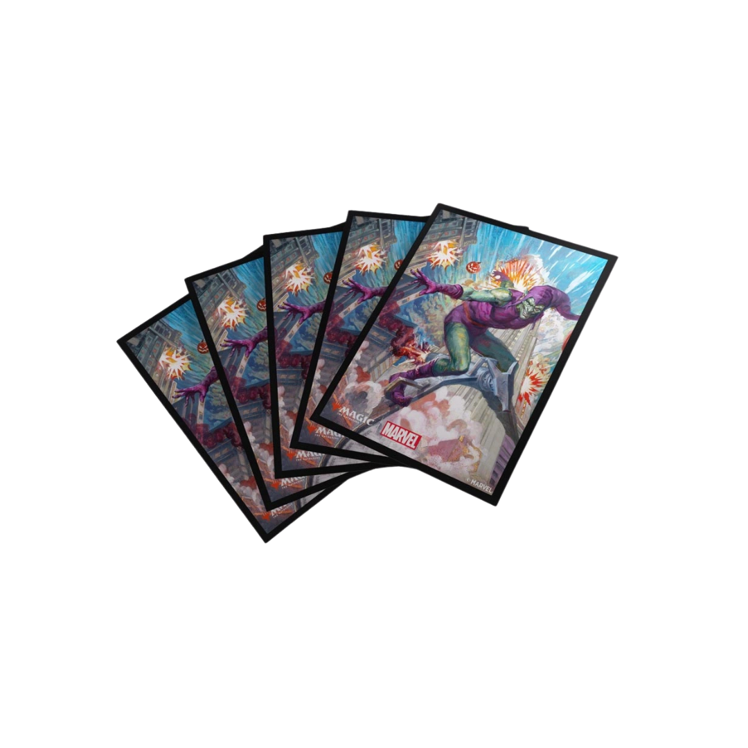 Gamegenic Green Goblin Art Sleeves fan spread, MTG standard size, textured matte backs and clear fronts, pack of 105