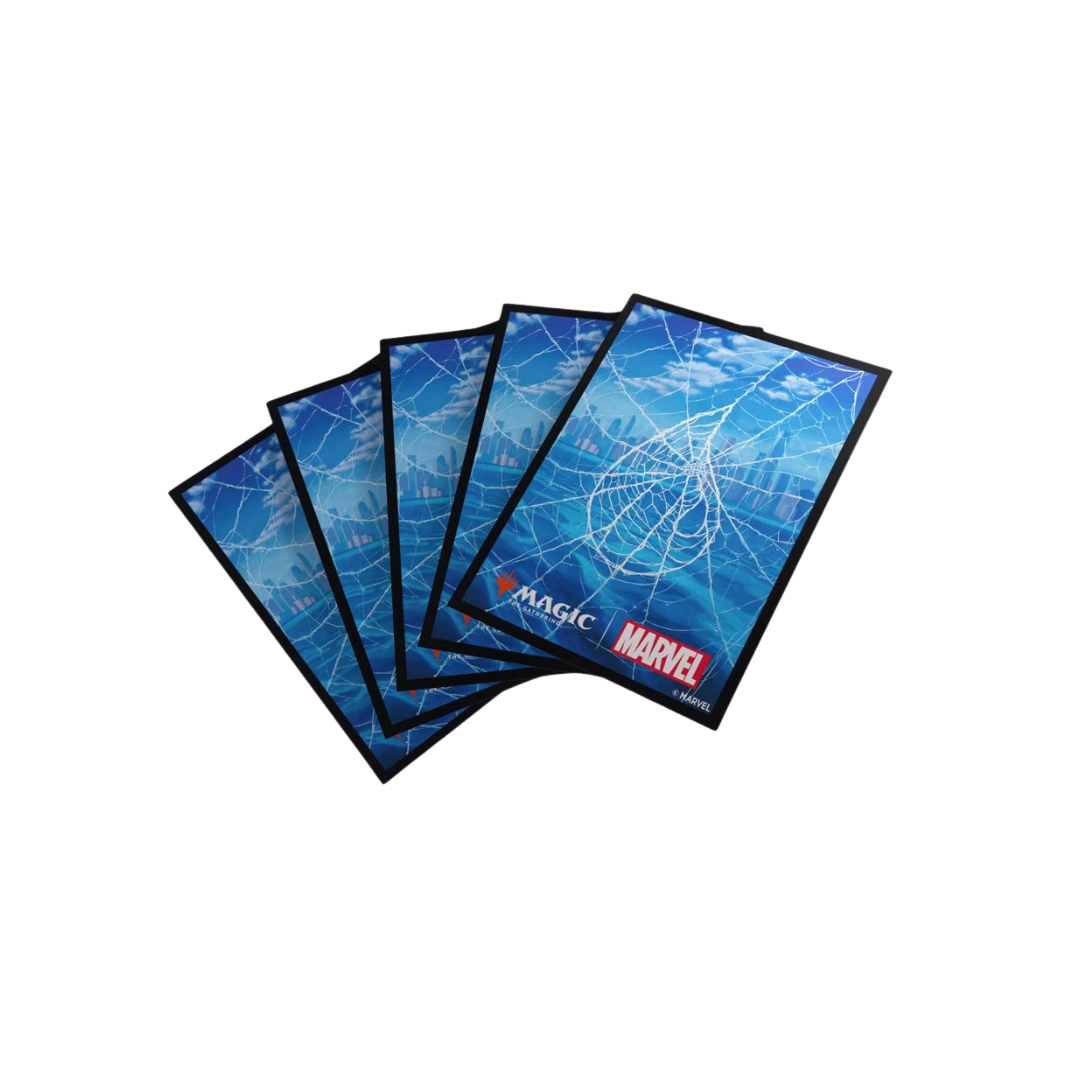Gamegenic Spider-Man Island Art Sleeves fan spread for MTG, pack of 105 with textured matte backs and clear fronts