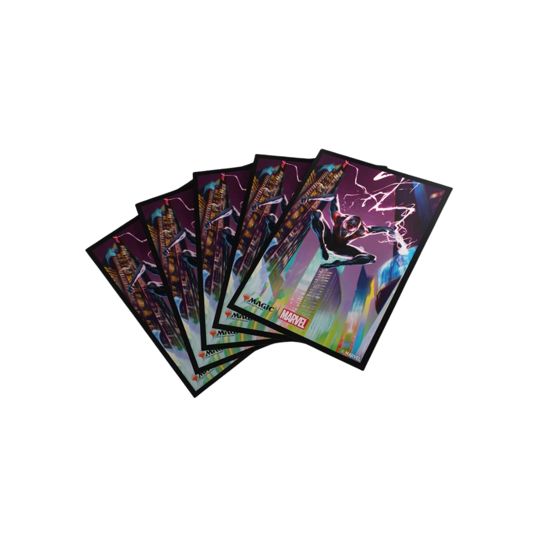 Gamegenic Miles Morales Art Sleeves fan spread for MTG, pack of 105 with textured matte backs and clear fronts