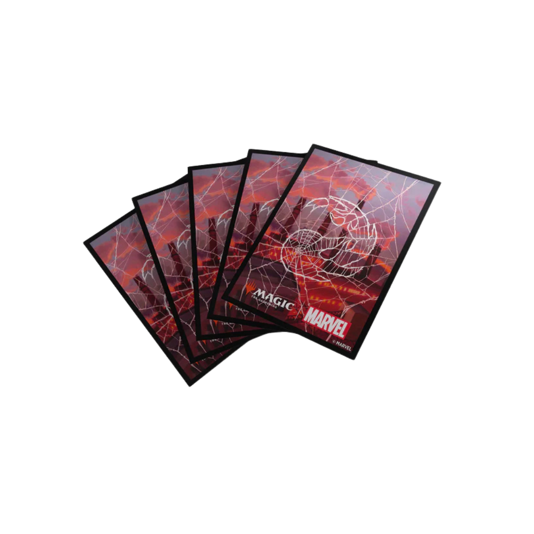 Gamegenic Spider-Man Mountain Art Sleeves fan spread for MTG, 105-count with textured matte backs and clear fronts