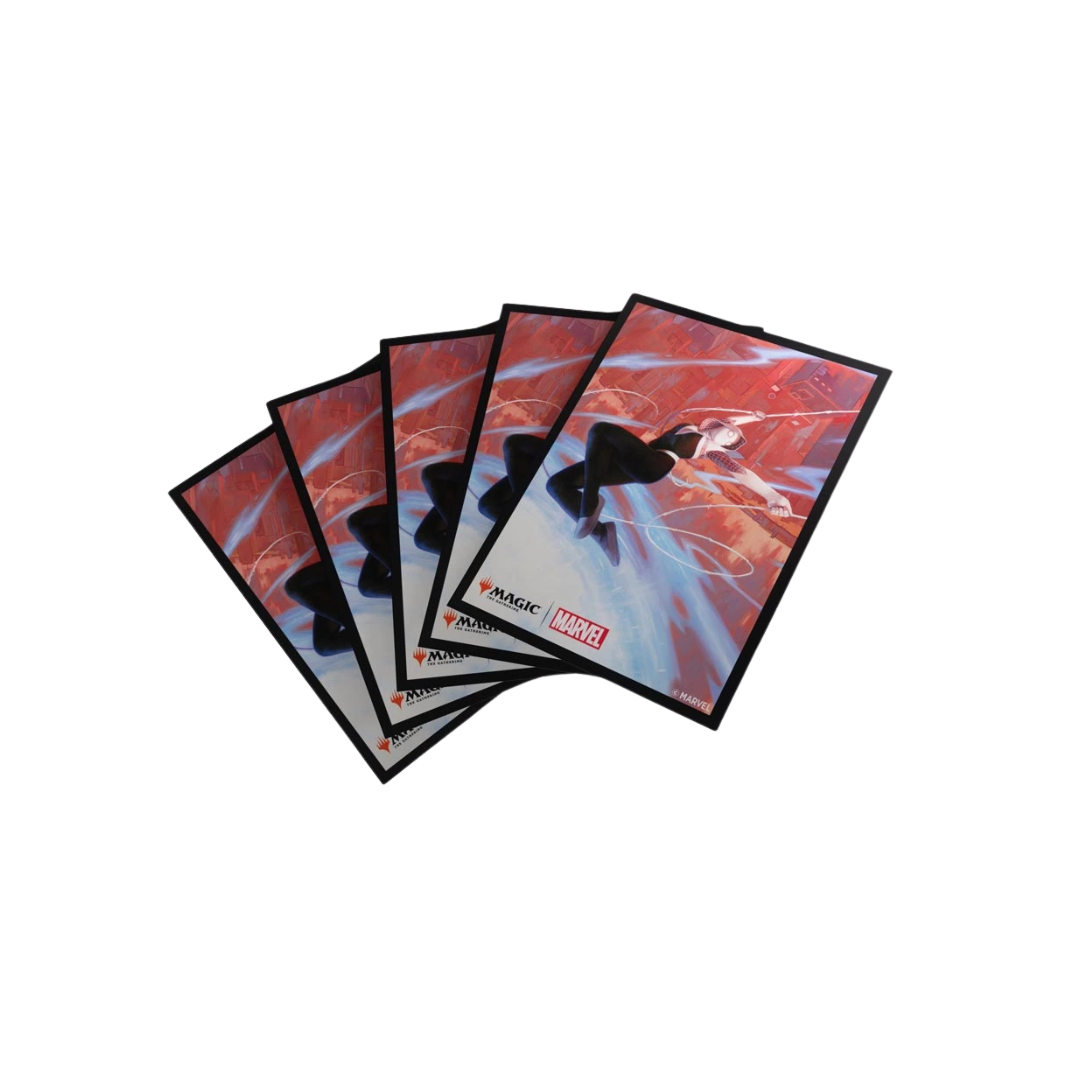 Gamegenic Spider-Gwen Art Sleeves spread fan, MTG standard size, textured matte backs and clear fronts, pack of 105