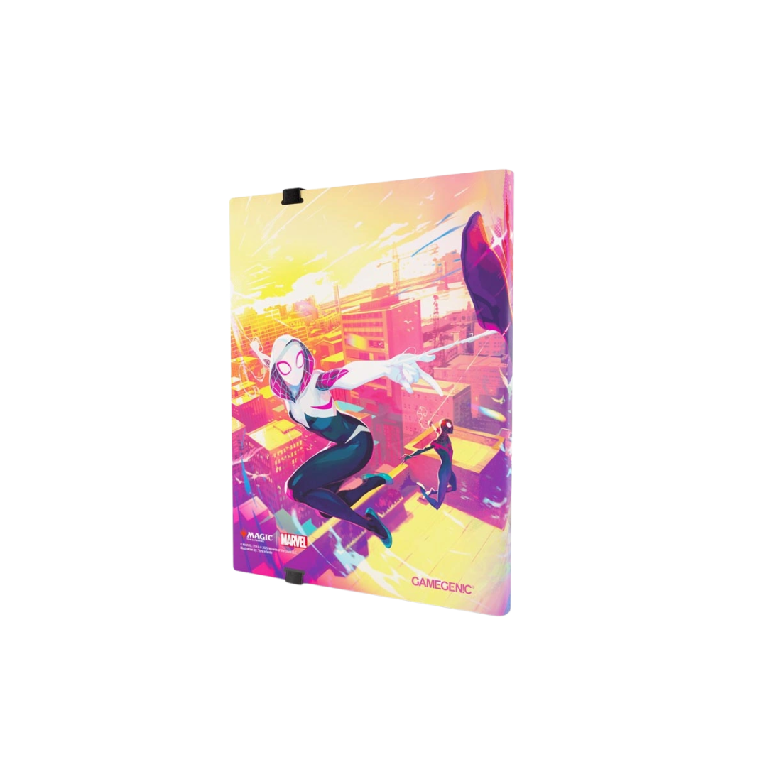Gamegenic Spider-Man/Spider-Gwen Casual Album back cover, skyline art, 18-pocket Magic: The Gathering binder