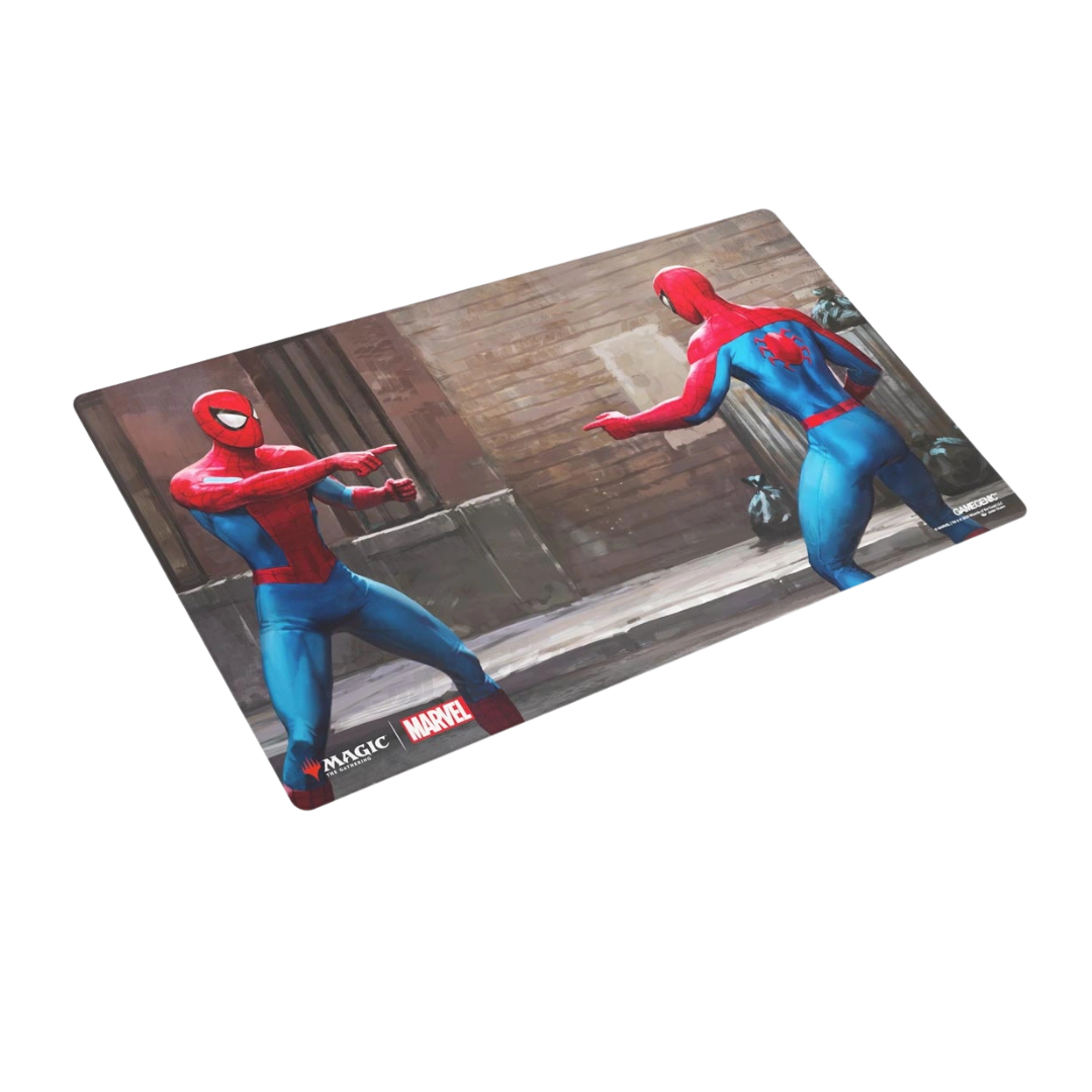 Gamegenic Spider-Man Prime Playmat for MTG with classic pointing meme art, anti-slip backing, and flat stitched edges