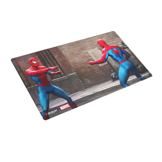 Gamegenic Spider-Man Prime Playmat for MTG with classic pointing meme art, anti-slip backing, and flat stitched edges