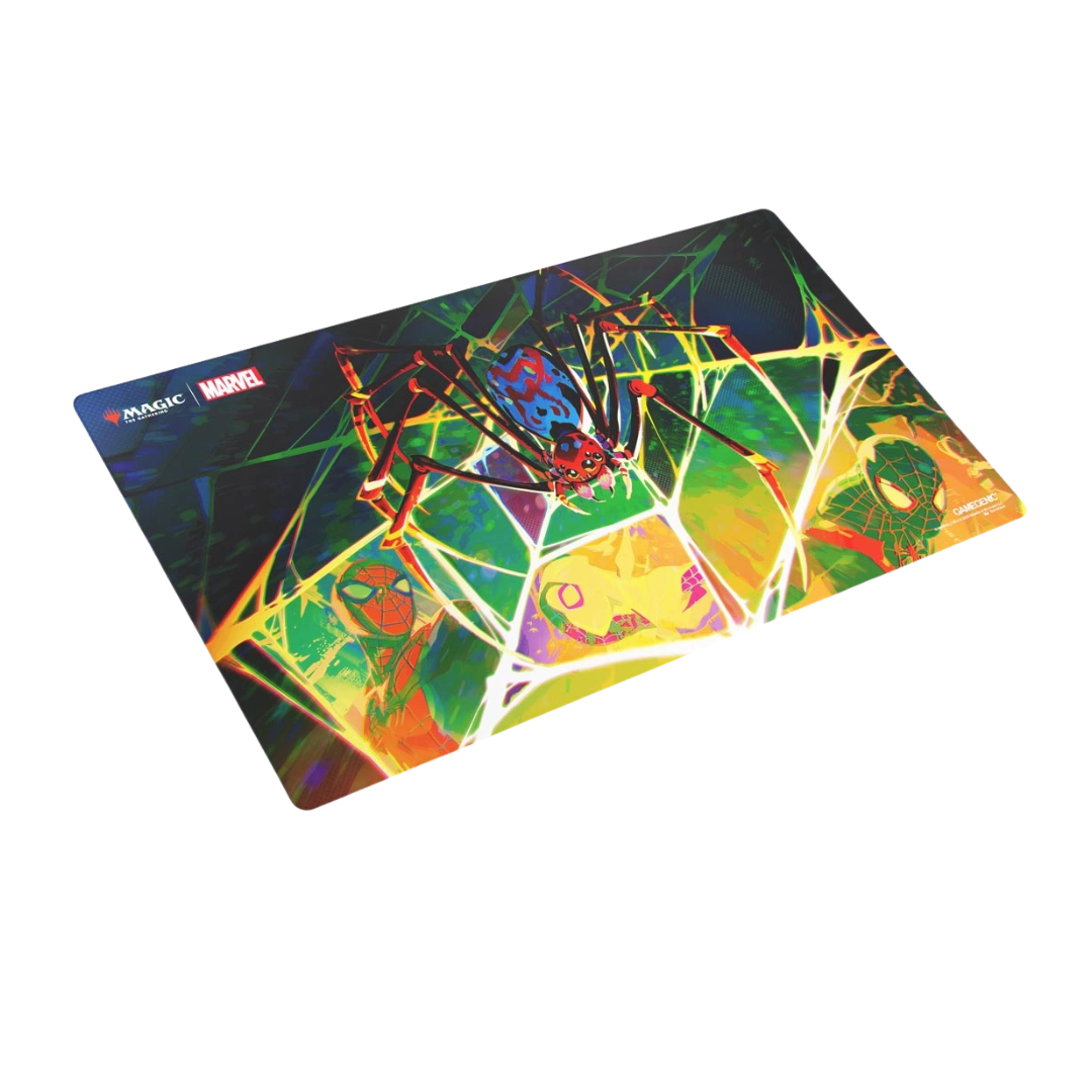 Gamegenic Spider-Verse Prime Playmat for MTG with vibrant spider art, anti-slip backing, and flat stitched edges