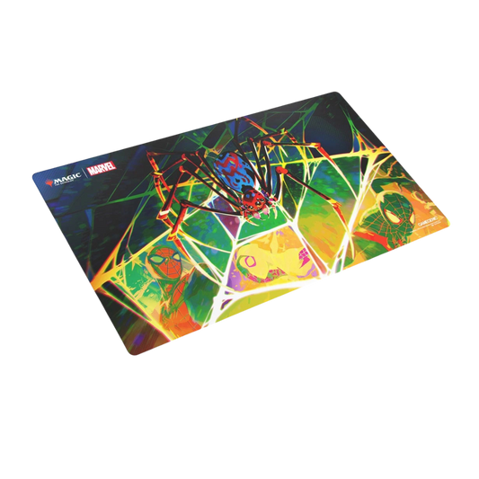Gamegenic Spider-Verse Prime Playmat for MTG with vibrant spider art, anti-slip backing, and flat stitched edges