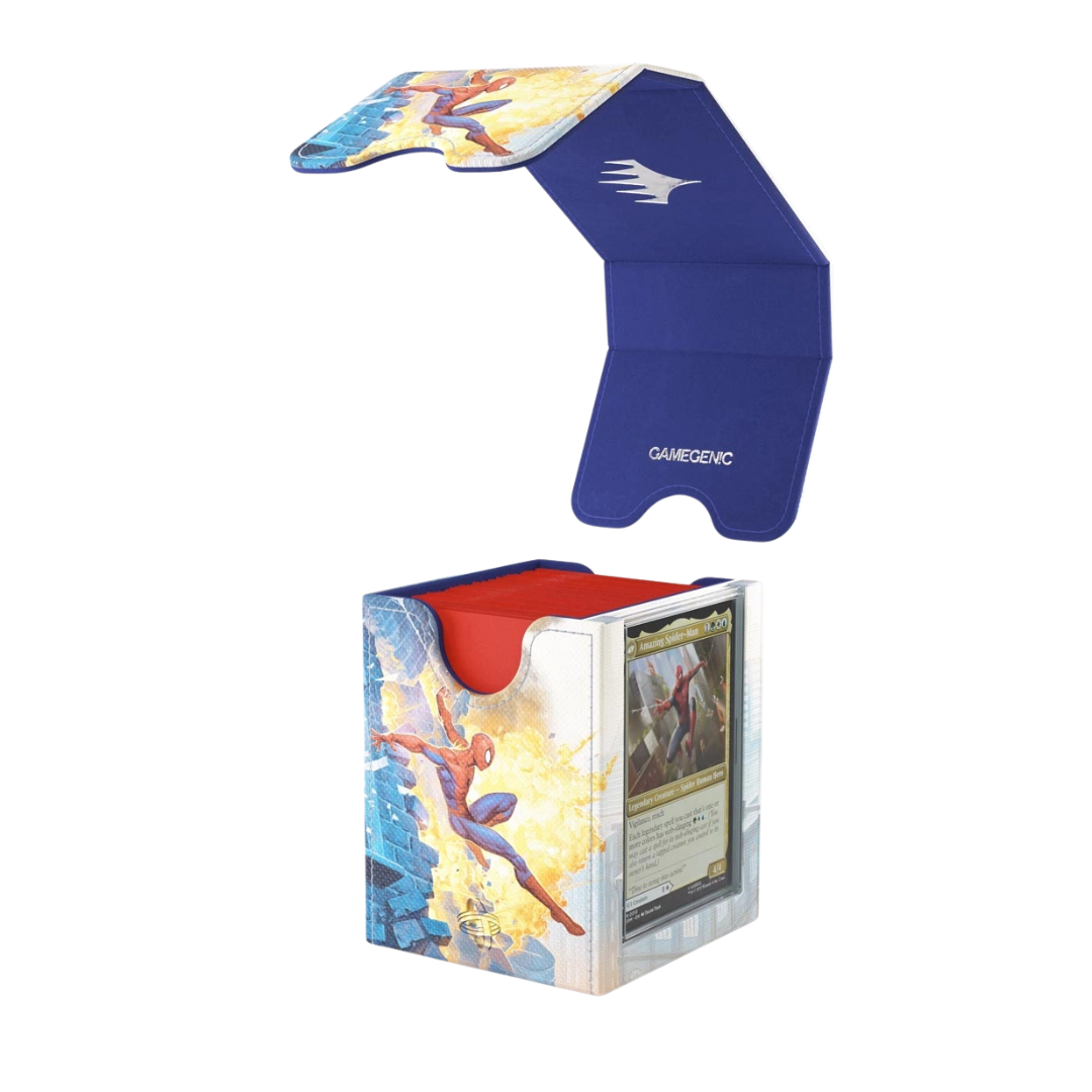 Gamegenic Squire Convertible XL Plus Spider-Man deck box showing open magnetic cover and Commander display window