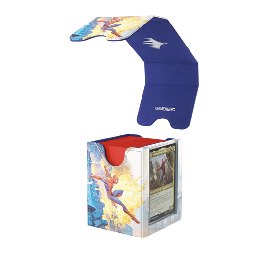 Gamegenic Squire Convertible XL Plus Spider-Man deck box showing open magnetic cover and Commander display window