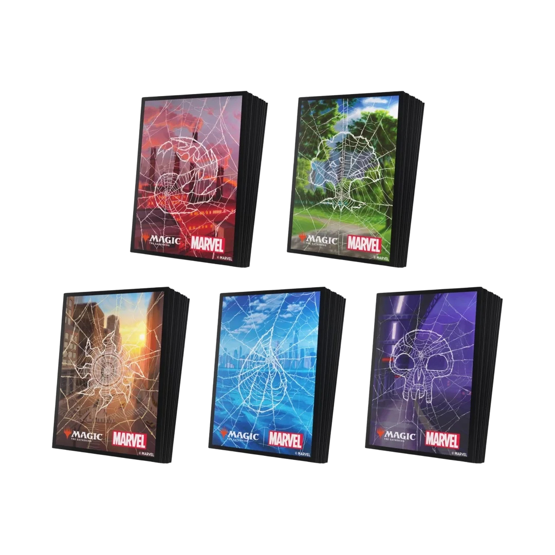 Gamegenic Marvel Spider-Man Lands Sleeve Bundle with Mountain, Forest, Plains, Island, and Swamp artwork
