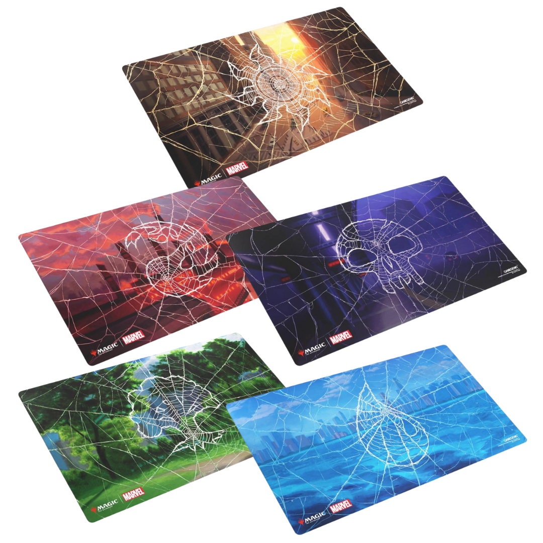 Five Gamegenic Spider Man shiny lands playmats featuring Mountain, Plains, Swamp, Forest, and Island designs