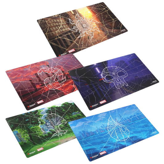 Five Gamegenic Spider Man shiny lands playmats featuring Mountain, Plains, Swamp, Forest, and Island designs