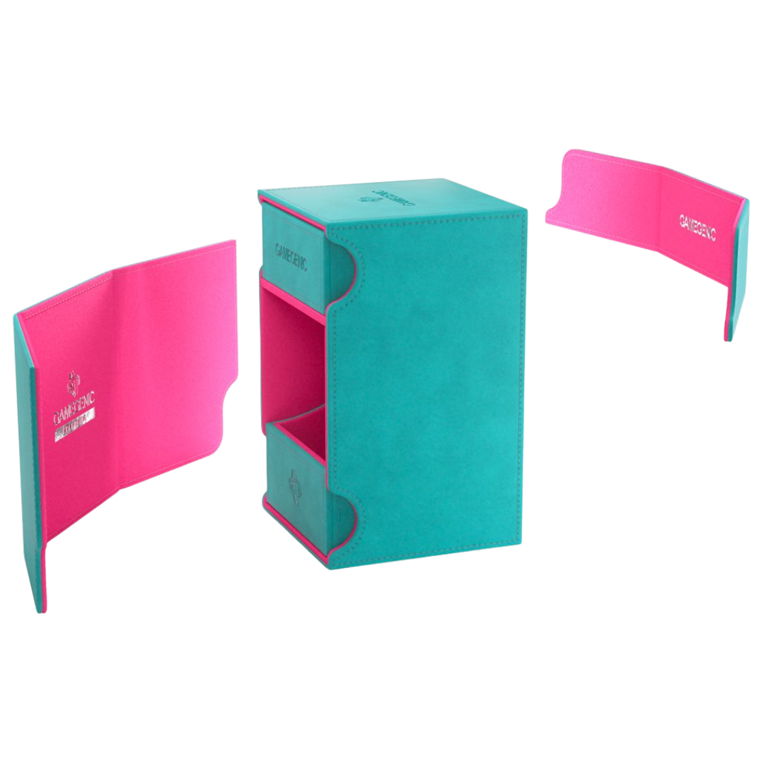 Gamegenic Watchtower Convertible XL deck box Teal and Pink, holds 100+ double-sleeved cards with accessory drawer and microfiber lining