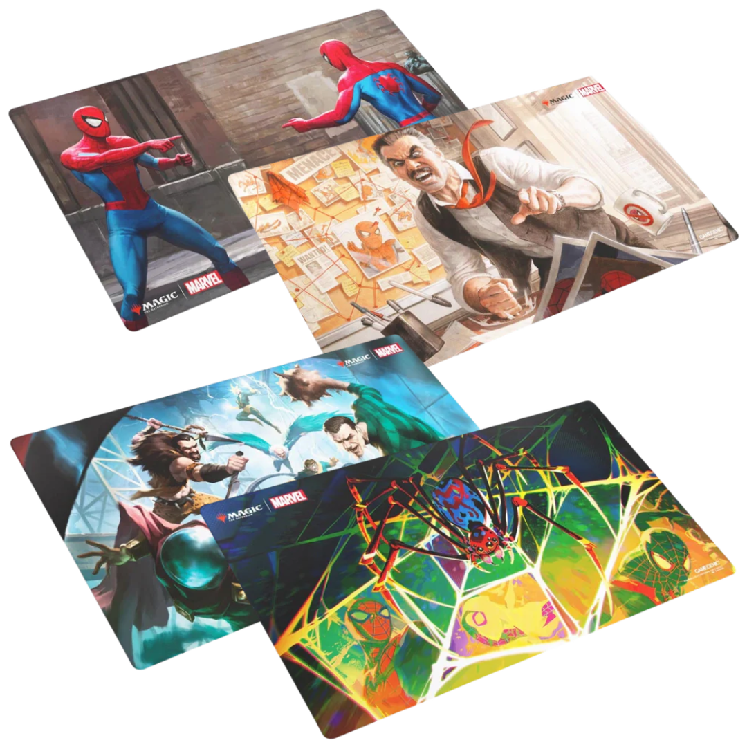 Four Marvel Spider-Man themed Gamegenic playmats featuring Sinister Six, Spider-Man, J. Jonah Jameson, and Spider designs