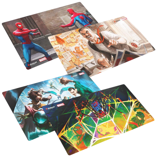 Four Marvel Spider-Man themed Gamegenic playmats featuring Sinister Six, Spider-Man, J. Jonah Jameson, and Spider designs