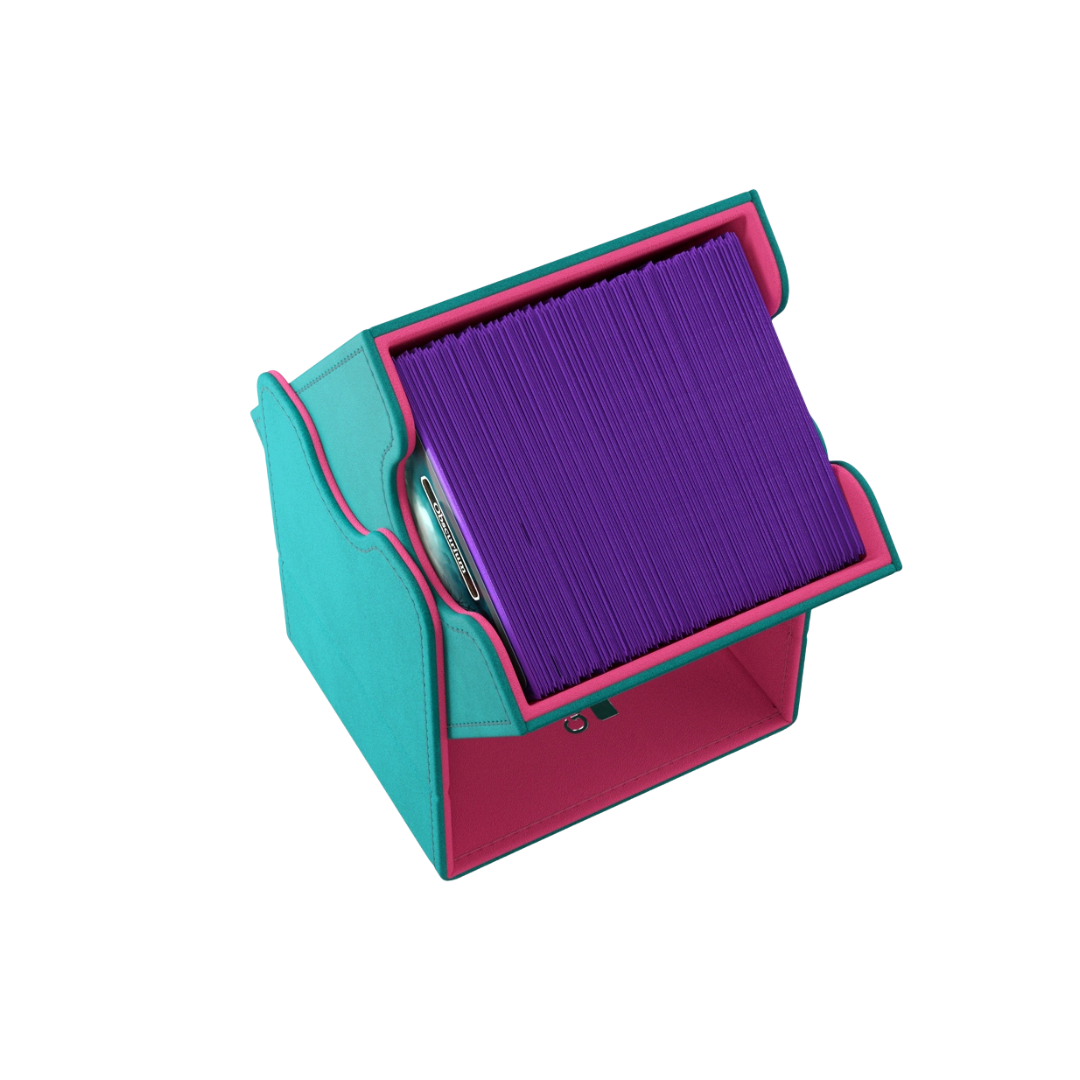 Gamegenic XL+ Squire deck box teal pink horizontal display with sleeved cards inside