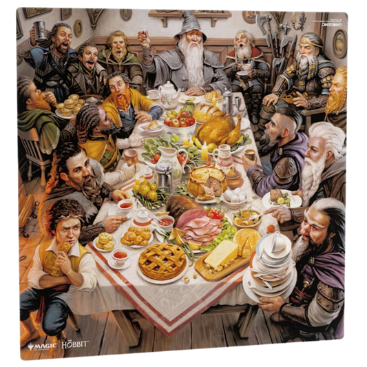 Gamegenic Magic The Gathering The Hobbit 2 Player Playmat featuring Bilbo's Pantry artwork with Bilbo, Gandalf, and the dwarves gathered around the table
