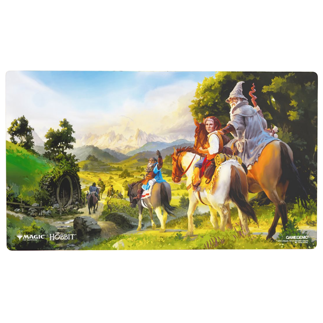 Gamegenic Magic The Gathering The Hobbit Playmat featuring Leaving Hobbiton artwork with Bilbo Baggins and Gandalf travelling through the Shire