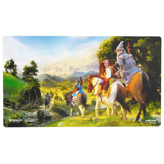 Gamegenic Magic The Gathering The Hobbit Playmat featuring Leaving Hobbiton artwork with Bilbo Baggins and Gandalf travelling through the Shire