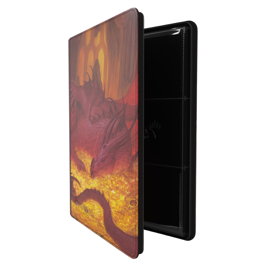 Angled view of Gamegenic Magic The Gathering The Hobbit Zip Up Album 18 Pocket featuring Villain's Treasure 3 artwork