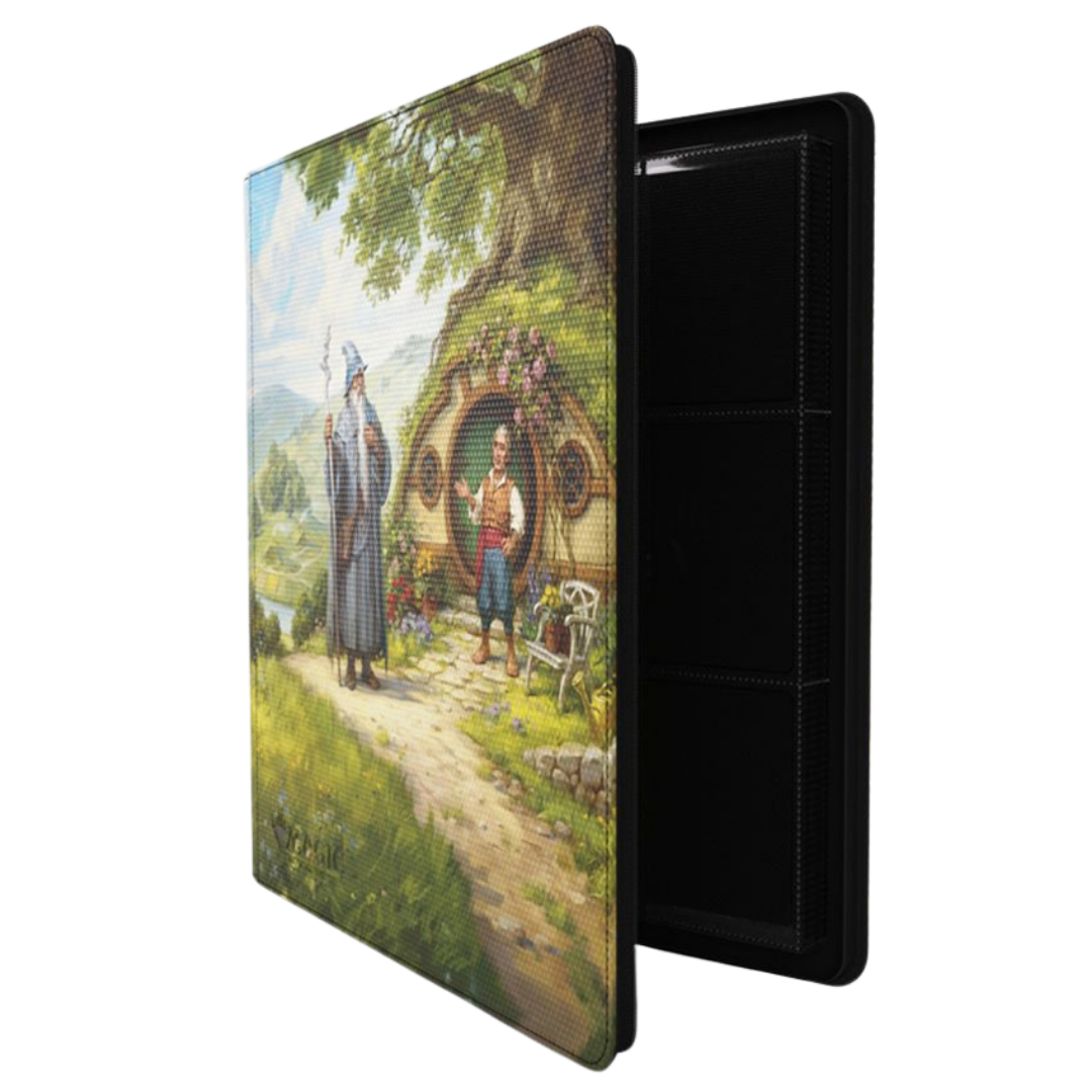 Angled view of Gamegenic Magic The Gathering The Hobbit Zip Up Album 24 Pocket featuring Landscape 1 artwork with Gandalf and Bilbo