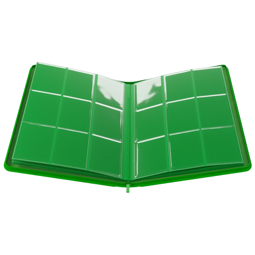 Gamegenic Zip-Up Album 18 Pocket Green binder for Pokémon and Magic The Gathering card storage opened and displaying coloured pages