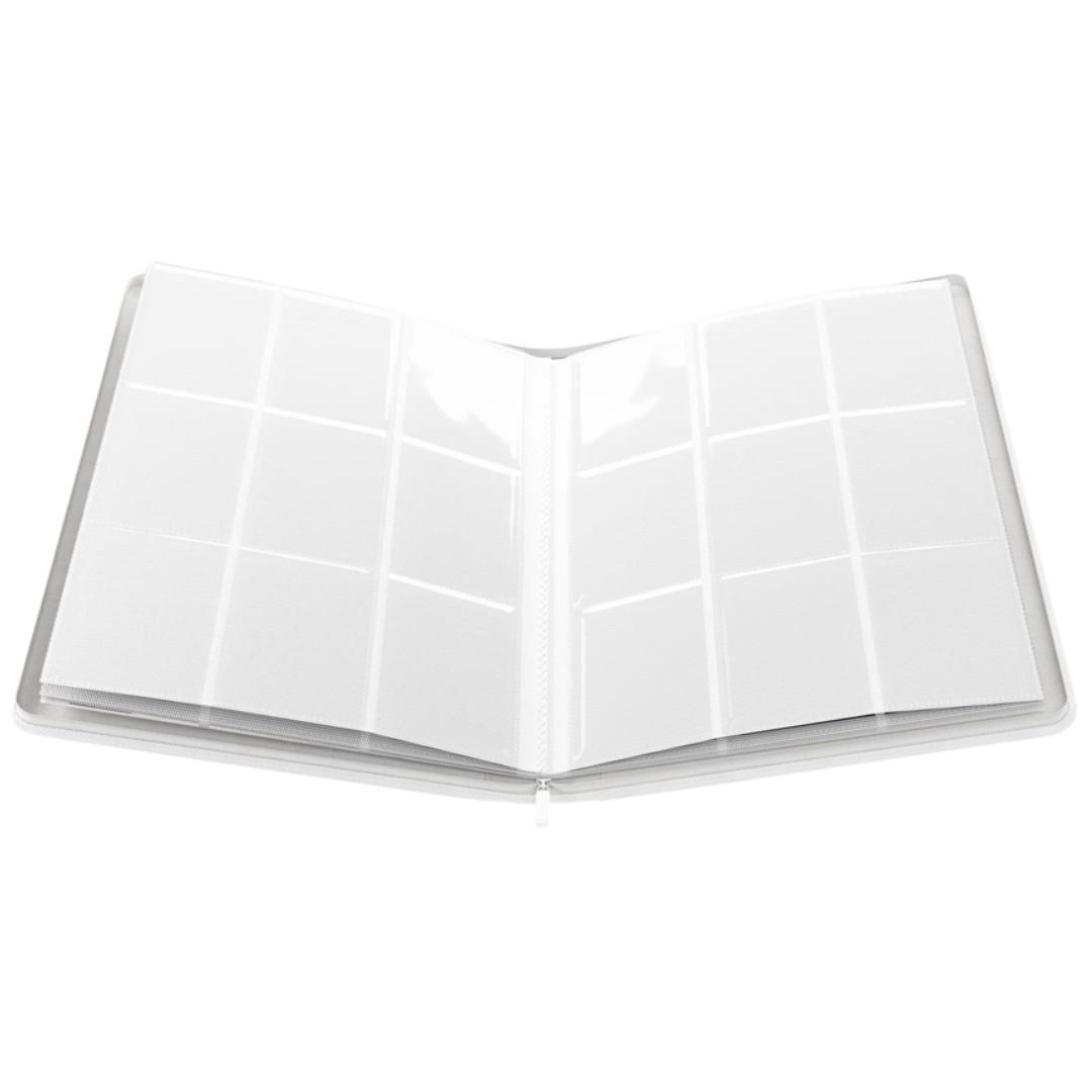 Gamegenic Zip-Up Album 18 Pocket White binder for Pokémon and Magic The Gathering card storage open and showing the inside