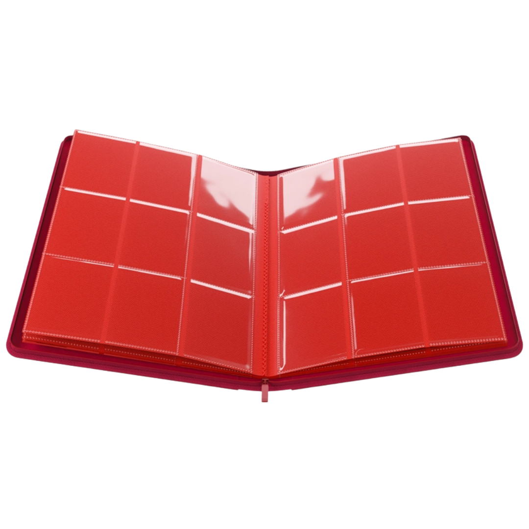 Gamegenic Zip-Up Album 18 Pocket Red binder for Pokémon and Magic The Gathering card storage Open and displaying colored pages