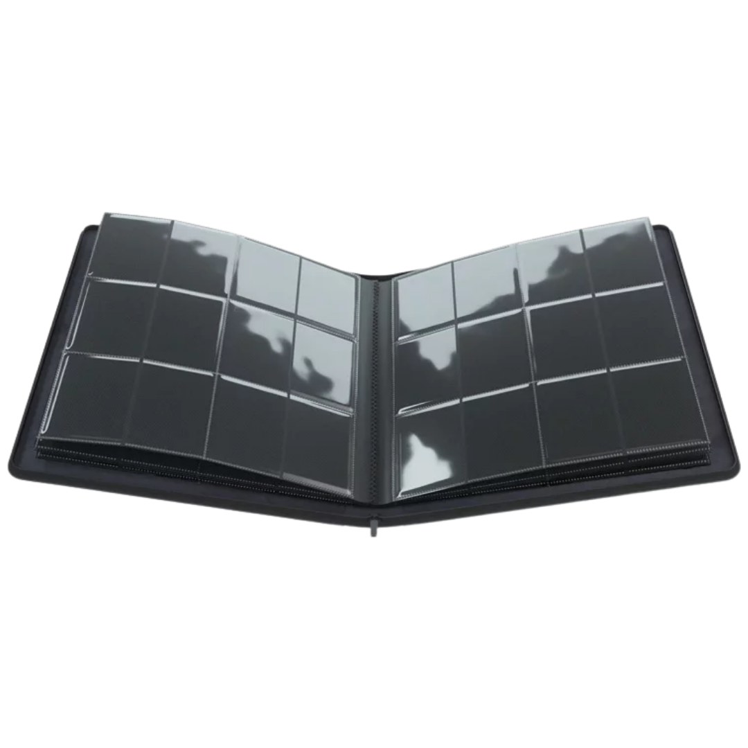 Gamegenic Zip-Up Album 24 Pocket Black binder for Pokémon and Magic The Gathering card storage open and showing inside