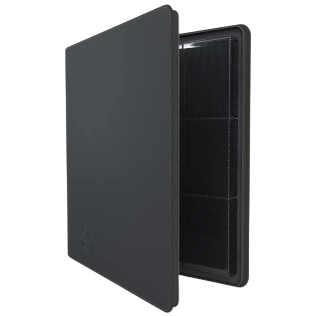 Gamegenic Zip-Up Album 24 Pocket Black binder for Pokémon and Magic The Gathering card storage seen from the side slightly open