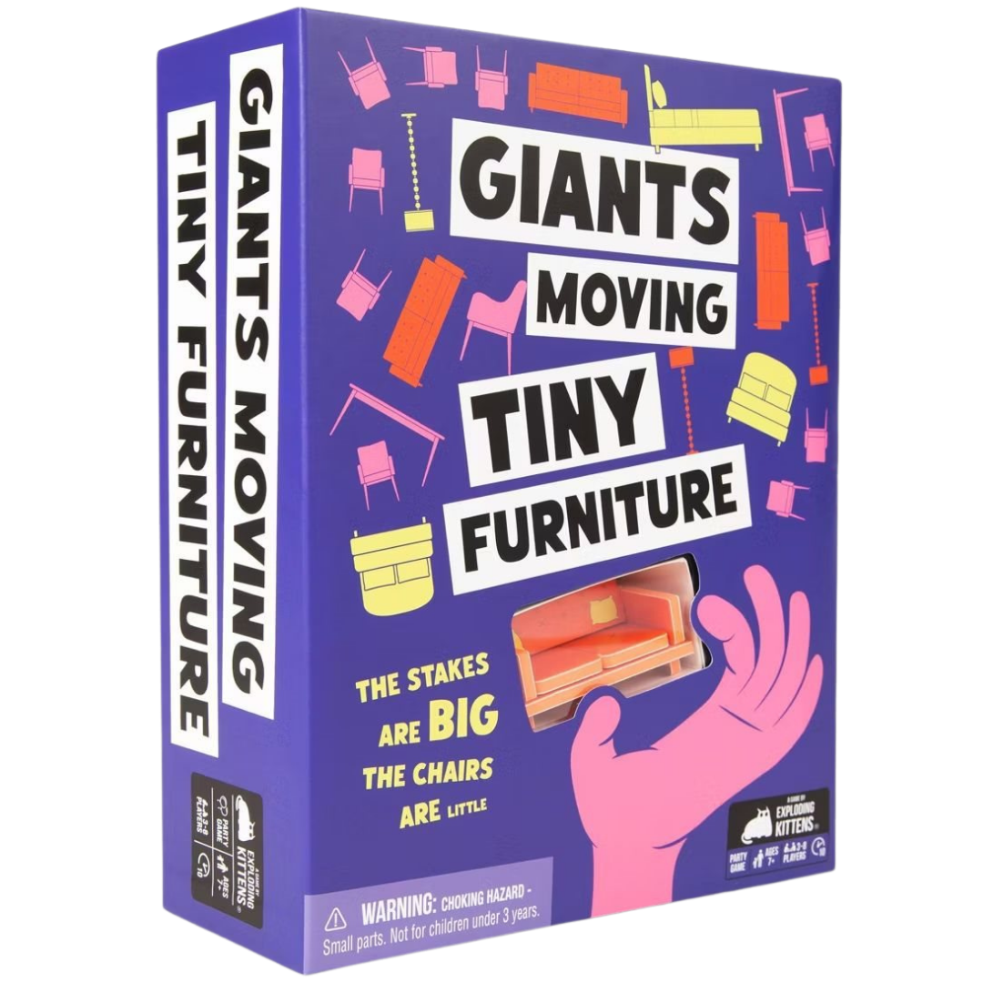 Giants Moving Tiny Furniture party game with miniature furniture and pinkies only dexterity gameplay