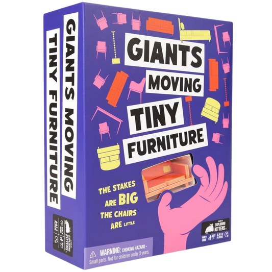 Giants Moving Tiny Furniture party game with miniature furniture and pinkies only dexterity gameplay